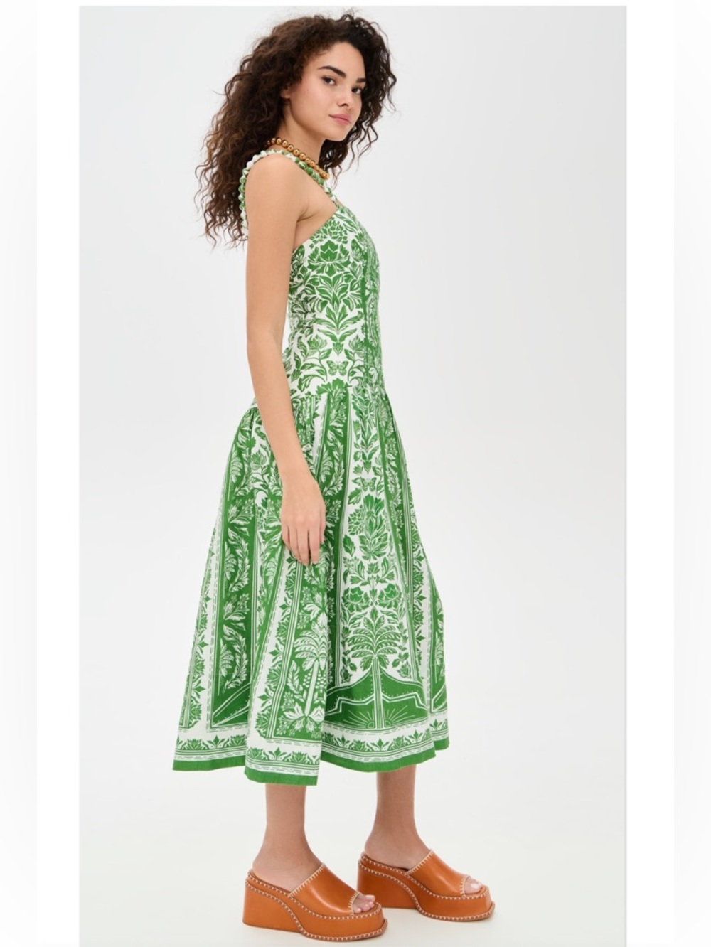 Farm Rio green delicate tapestry linen drop waist midi dress - Picture 3 of 12